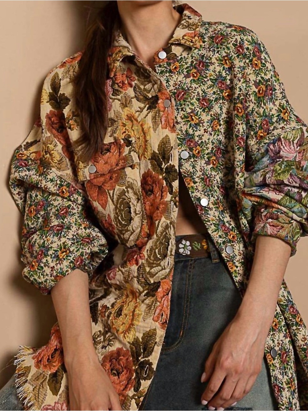 🌺 POL Womens My Vintage Romance Jacquard Floral Patchwork Jacket Shacket Size S - Picture 2 of 15